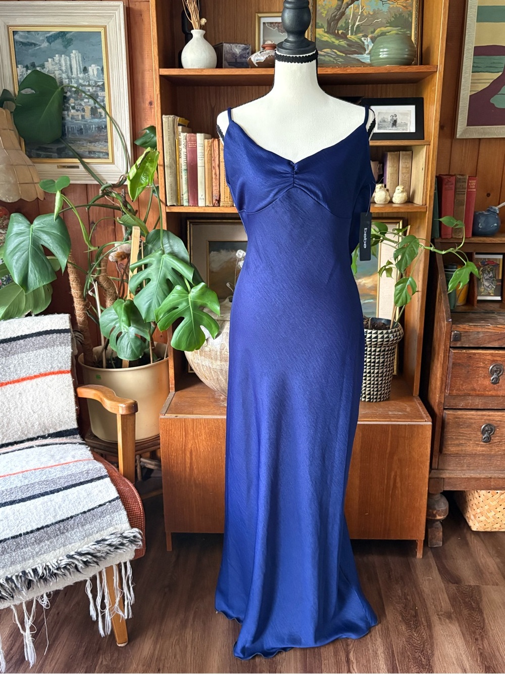 Whimsigoth Aesthetic Bebe Blue Satin Ruched Bust Maxi Slip Dress NWT M